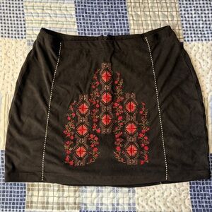 Black Mini Skirt with Red Embroidered Floral Detail